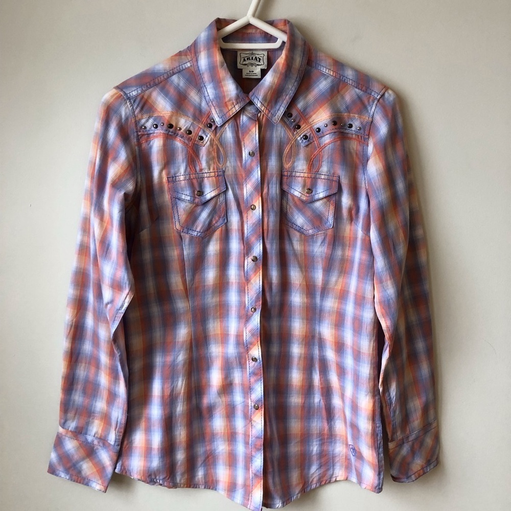 Ariat western pearl snap shirt plaid with studding cotton Cowgirl stampede